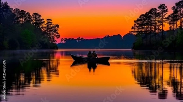 Obraz Romantic couple silhouetted in a boat at sunset on a calm lake, surrounded by trees.  Image evokes tranquility and peace.