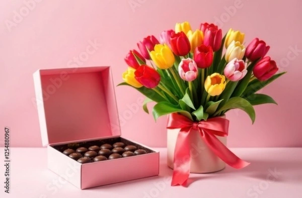 Fototapeta Bouquet of spring tulips and box of chocolates, greeting card for Valentine's day, mother's day, birthday