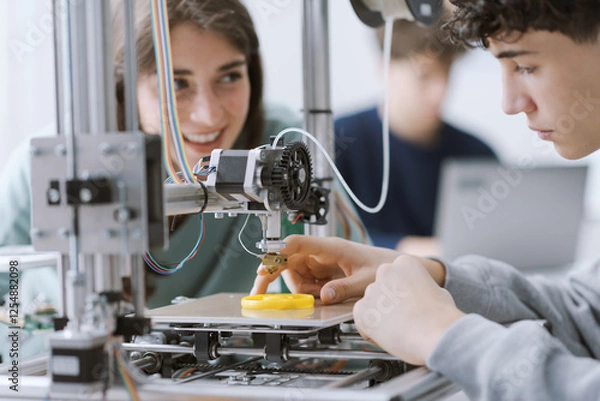 Fototapeta Students learning how to use a 3D printer in the lab