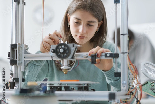 Fototapeta Smart female student working with a 3D printer