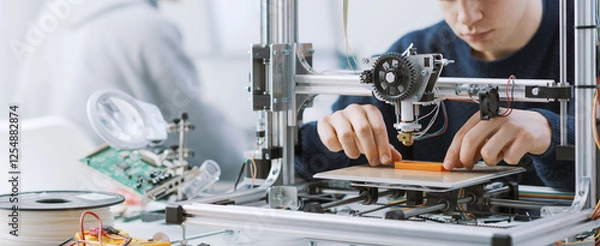 Fototapeta Student working with a 3D printer in the lab