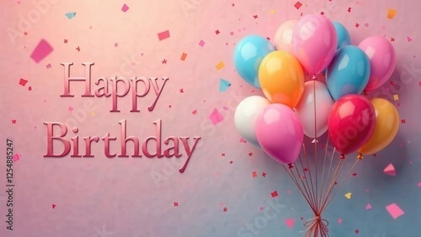 Fototapeta Happy birthday to you text with balloons and glitter confetti on pink background