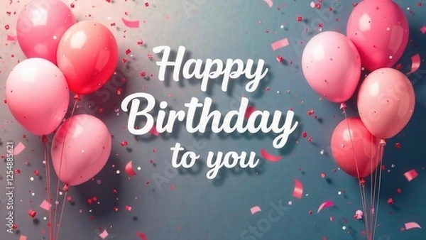 Fototapeta Happy birthday to you text with balloons and glitter confetti decoration element for birthday greeting card design