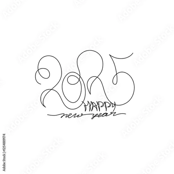 Fototapeta Calligraphy 2025 year sign lettering, inscription, two thousand twenty five continuous line drawing, calendar design postcard banner, single line on white background, vector line art.