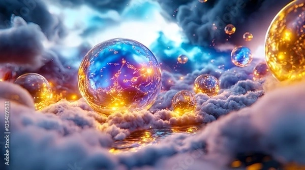 Fototapeta Glowing Orbs in Dreamy Cloudscape - Abstract backgrounds