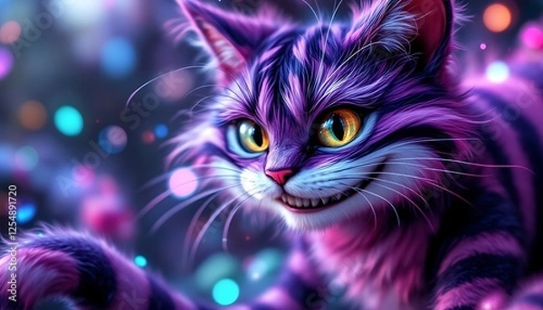 Fototapeta Cheshire Cat Digital Art: A whimsical purple feline with a mischievous grin, set against a vibrant bokeh background.