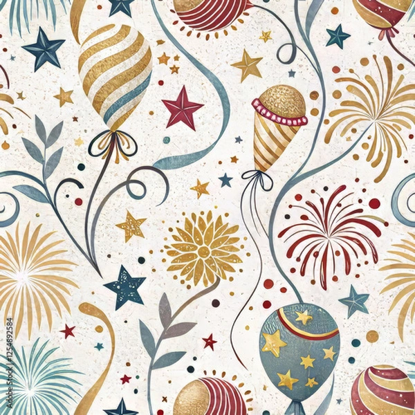 Fototapeta Seamless festive pattern with fireworks, stars, and party elements