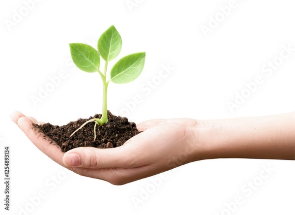 Obraz A delicate green sprout with small leaves growing from rich soil, gently cradled in a human hand. Transparent background