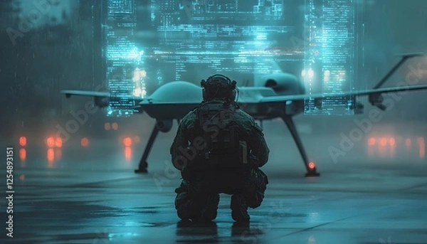 Fototapeta Soldier overseeing military drone while data streams in the background