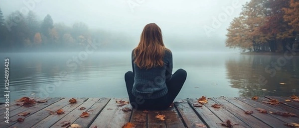 Obraz Woman Seated on Dock Contemplating Misty Lake During Autumnal Season Serene and Peaceful
