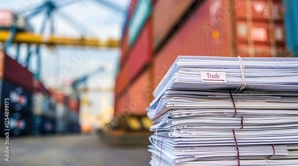 Fototapeta Close-up of a stack of documents with "Trade Tariffs" stamp, showcasing international trade regulations and global economic policies, with shipping containers and world map in the background.