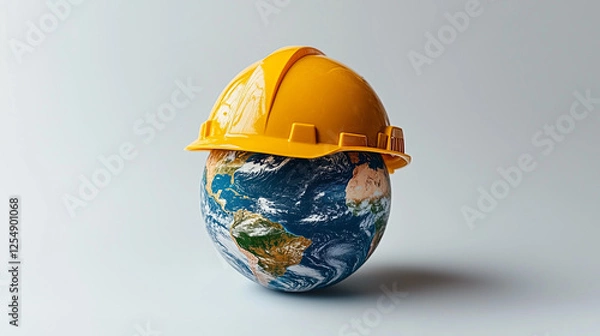 Fototapeta Globe with Construction Helmet Symbolizing Worker Safety and Global Construction. AI Generated Images