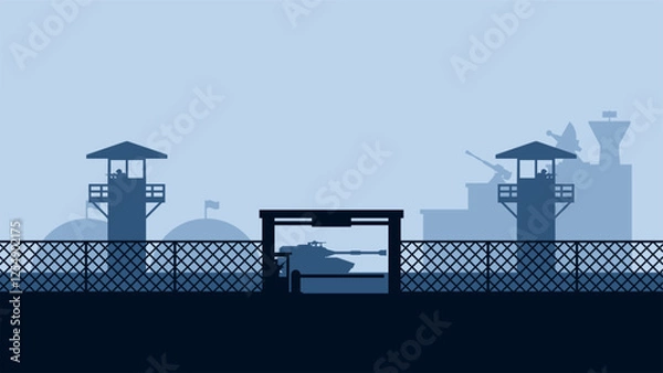 Fototapeta Landscape silhouette of military base scenery. Panoramic view of headquarter with military building and hangar. Vector illustration of scenic military bunker with tank and watchtower
