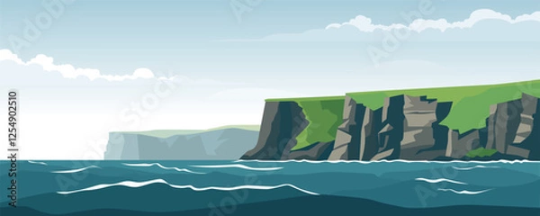 Obraz Rocky coast vector illustration. Beautiful landscape of rocky coast and sea. Steep cliffs and ocean. Scandinavian mountains and waters. Northern Islands.