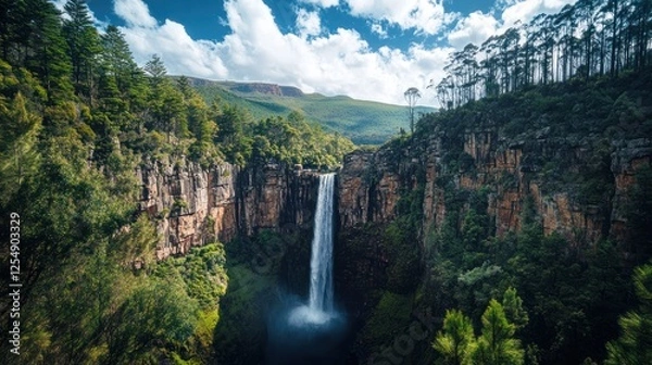 Fototapeta Majestic waterfall cascading down cliffs, lush green forest, mountain backdrop; nature travel