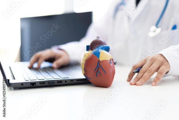 Fototapeta Doctor using a laptop with a human heart model on the desk