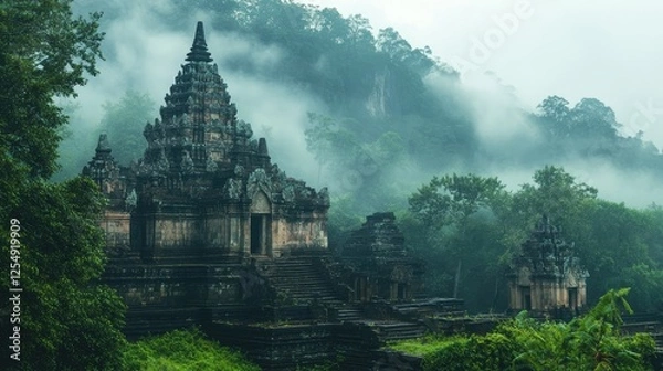 Fototapeta An ancient temple immersed in a misty jungle, with tall trees and lush greenery framing the mysterious scene