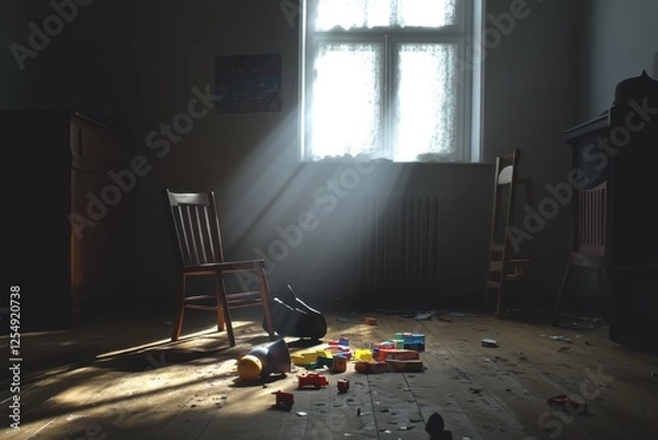 Fototapeta Abandoned children's room with broken toys and scattered objects