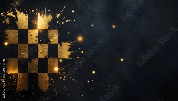 Fototapeta Golden Chessboard Abstract race: A dramatic abstract image featuring a golden chessboard pattern splashed across a dark background, with gold paint splatters adding a sense of dynamism and energy.