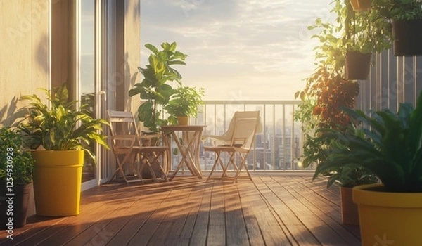 Fototapeta Serene Sunrise Balcony Oasis: Urban Jungle Escape