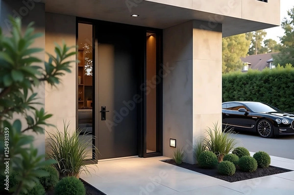 Fototapeta Modern Black Glass Door Entrance with Concrete Structure and Small Garden in a Luxury Home, Featuring a Warm Tone and a Parked Luxury Car in the Background