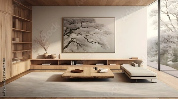 Fototapeta Minimalistic Japanese Inspired Living Space with Warm Wooden Textures and Soft Calming Ambiance  Cozy and Comfortable Interior Design with Natural Materials and Elements of Simplicity