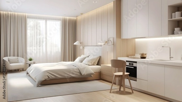 Fototapeta Cozy and Inviting Minimalist Studio Apartment Featuring Soft Textiles Warm Lighting and a Serene Elegant Ambiance