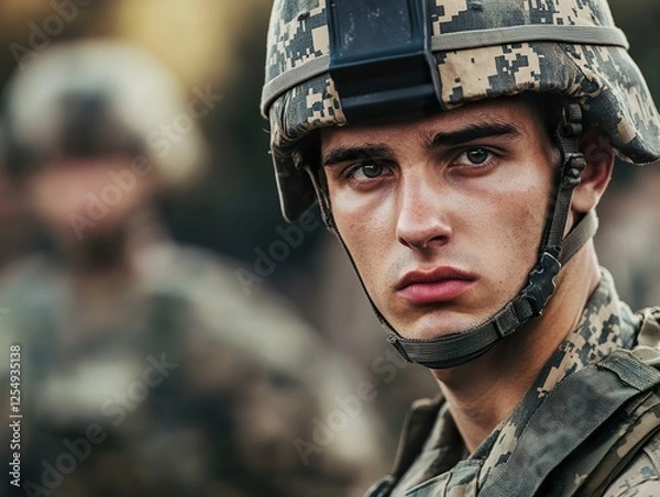 Fototapeta Soldier in camouflage uniform, standing at attention with a determined expression in a training camp