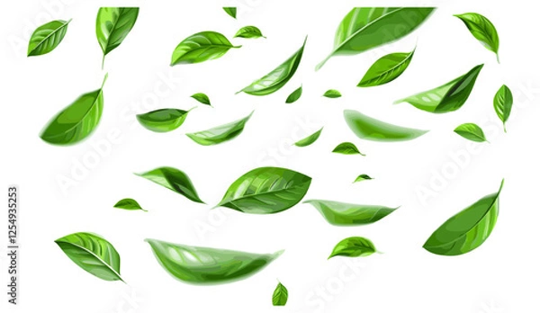 Fototapeta Vector illustration of green leaves, floating freshness, cutout leaves on transparent background, nature design, clean leaves, eco-friendly concept, tropical leaves, spring foliage