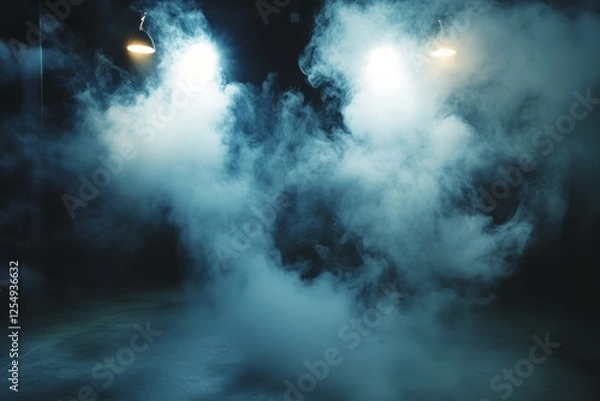 Obraz Mysterious interior with fog and warm lights in an industrial space