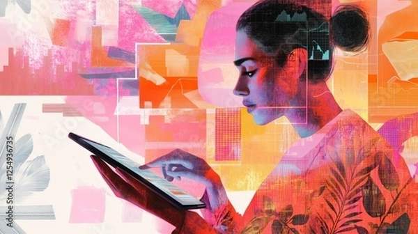 Fototapeta Woman using tablet analyzing data charts digital technology. AI generated