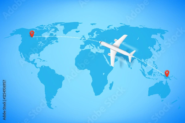 Fototapeta Air travel concept. Aircraft on world map with pins. 3d vector illustration