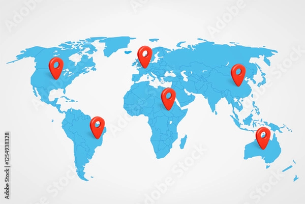 Fototapeta World map with red 3d pins. 3d vector illustration