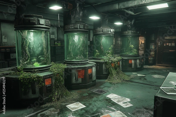 Fototapeta Overgrown abandoned underground laboratory with glass tanks filled with plants and debris