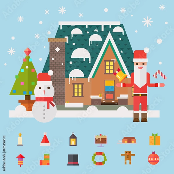 Obraz Christmas and New Year santa gifts at home. Flat vector illustra