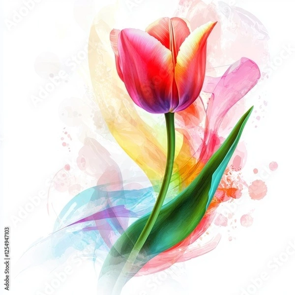 Fototapeta Vibrant Colorful Tulip with Artistic Abstract Background Featuring Swirls and Splashes of Color