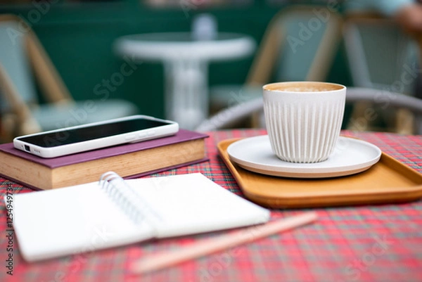 Fototapeta Coffee cup with book for read and mobile phone,  diary book on table at outdoor cafe in the morning