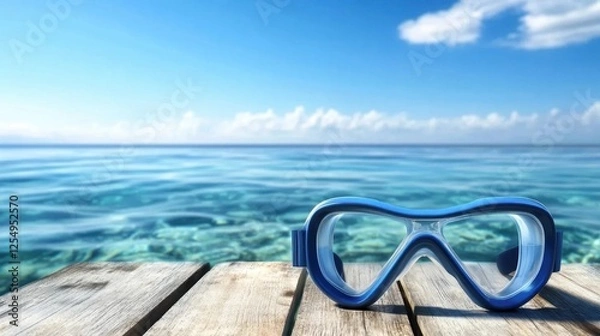Fototapeta Blue diving mask rests on a wooden pier by the tranquil turquoise sea, under a clear blue sky dotted with fluffy white clouds.