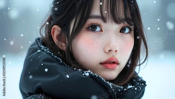 Fototapeta 遠くを見つめる雪国の日本人女性、黒いダウンジャケット、雪背景