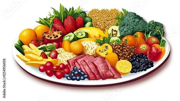 Fototapeta Nutritious plate filled with fruits, vegetables, whole grains, and lean proteins