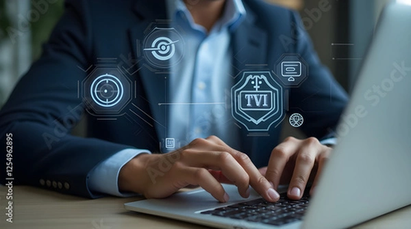 Fototapeta Man in Suit Using Laptop for Legal Tech: AI, Cybersecurity, and Digital Law Solutions for Business, Technology, and Innovation in Corporate Law