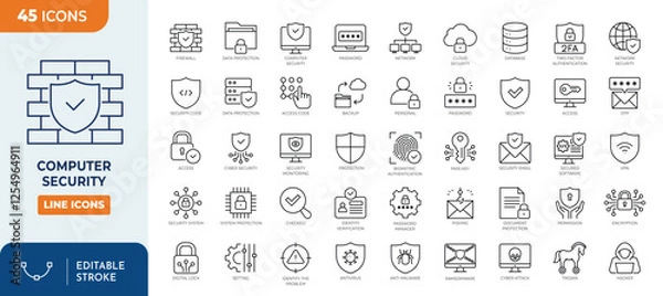 Obraz Computer Security line editable icon set. Firewall, Antivirus, Data Encryption, Password Protection, Cyber Security, Security, Factor Authentication, Privacy, and more. Vector illustartion