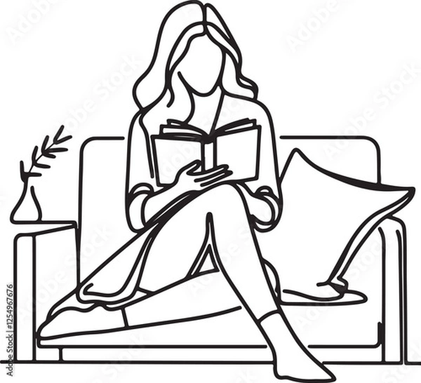 Fototapeta Minimalist Line Drawing of a Woman Reading on a Sofa