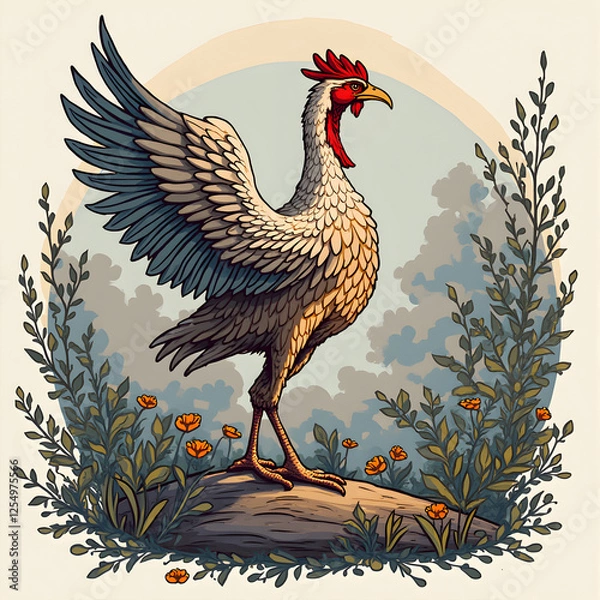 Fototapeta Whimsical Rooster Illustration: Artistic Chicken with Open Wings on Rock, Surrounded by Flowers & Foliage - Charming Bird Art Print for Home Decor