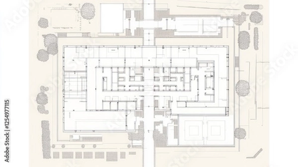 Fototapeta Architectural floor plan of a large building, showing rooms, corridors, and landscaping.