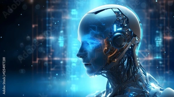 Fototapeta Futuristic AI powered fintech chatbot floating in a digital banking environment featuring a neon blue holographic interface showcasing advanced financial technology data analytics