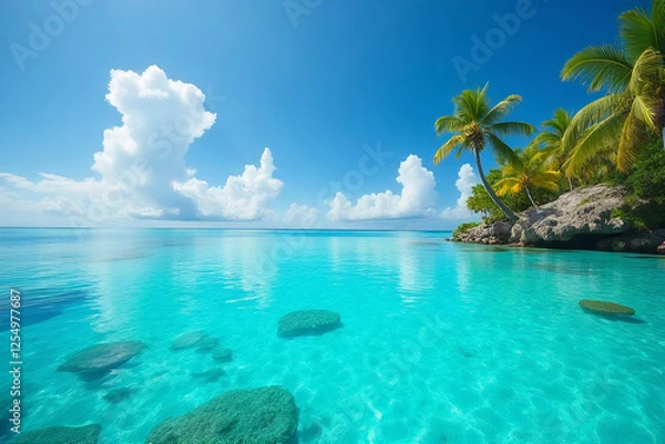 Fototapeta Tranquil Tropical Paradise It reflects the peaceful and beautiful scene of clear waters and palm trees.