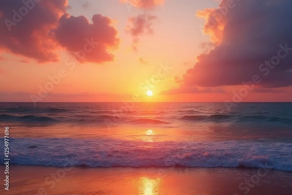 Fototapeta Beautiful sunset over the sea with vibrant orange and red skies, reflecting on the water, gentle waves on the beach at dusk, a peaceful and serene coastal scene in summer