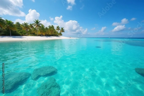 Fototapeta A tropical beach paradise with crystal clear waters, palm trees, and a stunning view of the blue-green sea under a cloudy sky in the Maldives or the Caribbean, perfect for a summer holiday getaway
