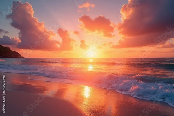 Fototapeta Sunset over the ocean with vibrant colors reflecting on the water, a beautiful beach scene at dusk with clear skies and soft clouds